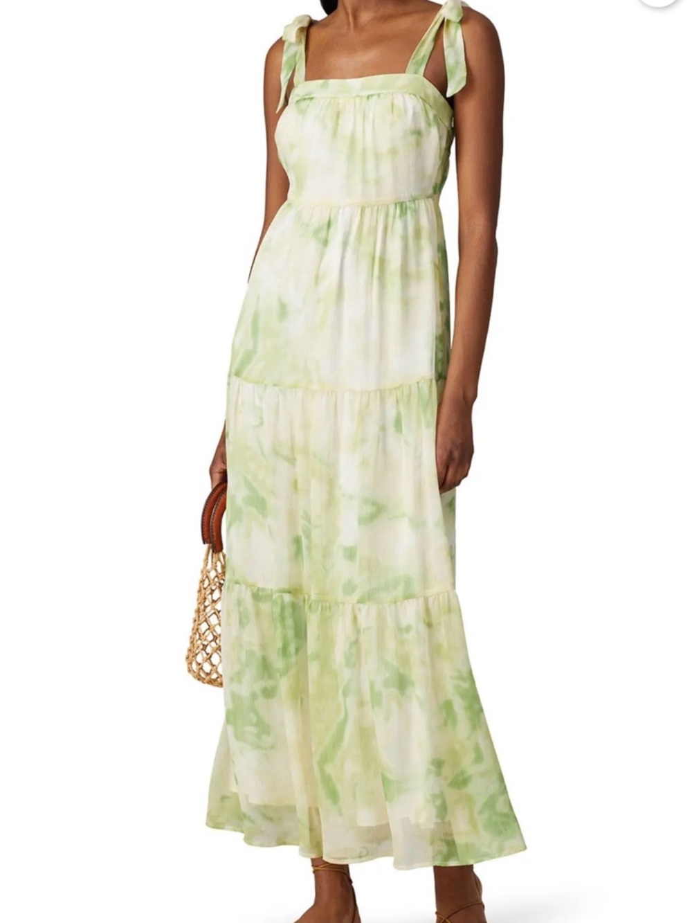 Line & Dot Maxi Dress Tie Strap Tiered Tie Dye Green Size L Cottagecore Boho
